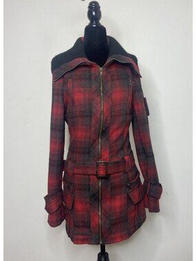 Le Chateau Buffalo Plaid Woman S Red Coat Belted Lined Overcoat Coat